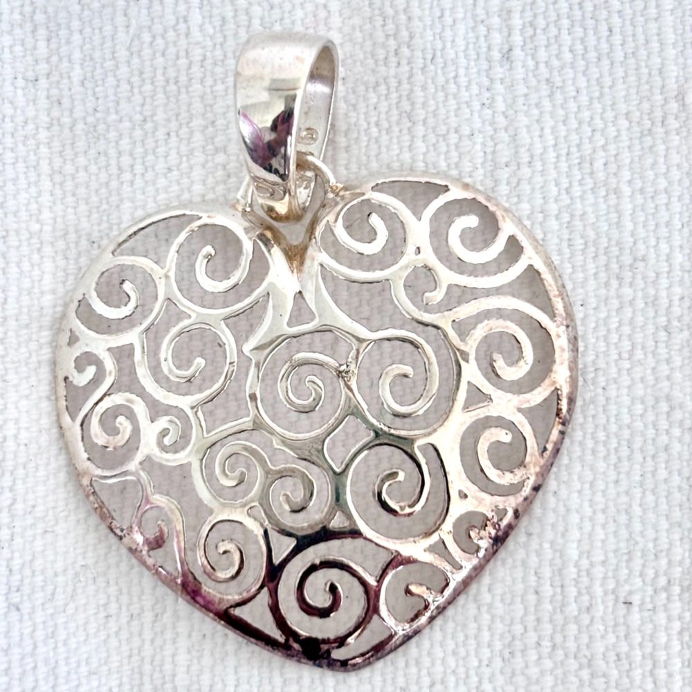 Vintage Milor Italy 925 Sterling Silver Scroll Filigree Openwork Heart Pendant